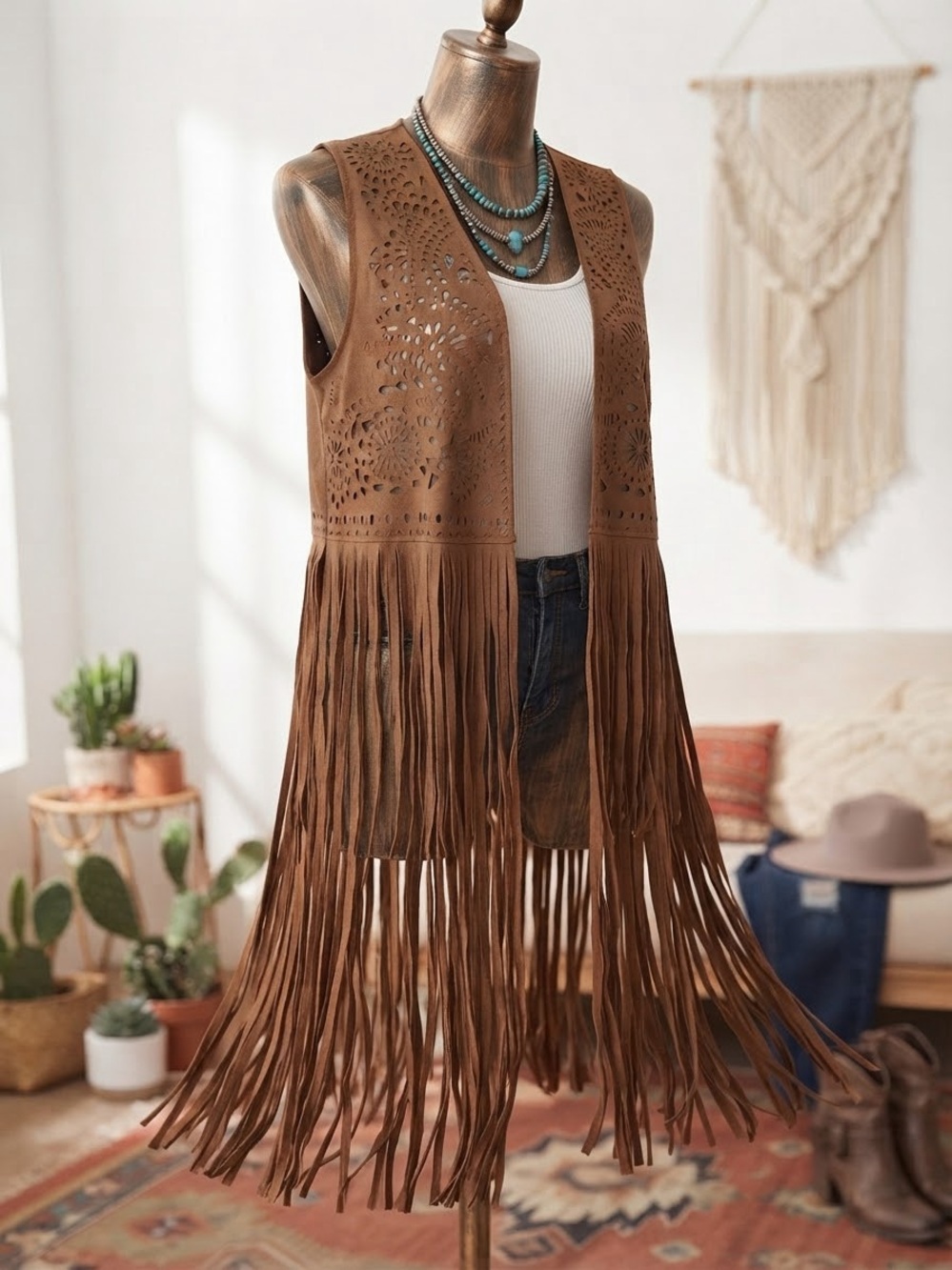Indigo Thread Co. Tan Faux Suede Laser Cut Fringe Vest Bohemian Western